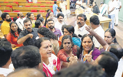 The corporation council meeting erupted into heated exchanges on Wednesday after LDF councillors raised corruption allegations against two BJP councillors 