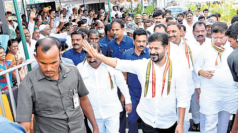 Chief Minister A Revanth Reddy at the inauguration of PJR flyover on Saturday.