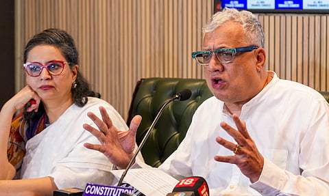 TMC MP Derek O'Brien with party leader Sagarika Ghose addresses a press conference, in New Delhi, Saturday, June 28, 2025. 