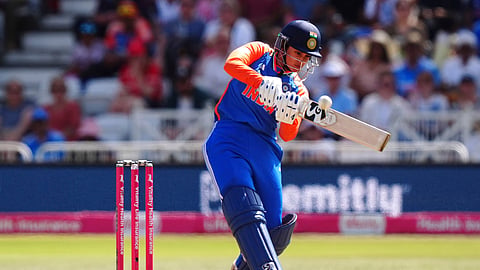 India's Smriti Mandhana plays a shot during during the second Women's International T20 at Trent Bridge, Nottingham, England, Saturday, June 28, 2025. 