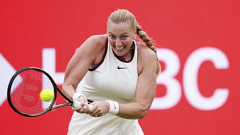 Czechia's Petra Kvitova hits the ball during her match against Brazil's Beatriz Haddad Maia, not pictured, on day one of the HSBC Championships at The Queen's Club, in London, Monday, June 9, 2025.