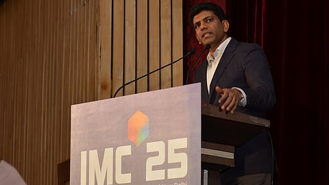 Minister of State for Communications & Rural Development, Dr Chandra Sekhar Pemmasani speaking at India Mobile Congress (IMC) 2025.