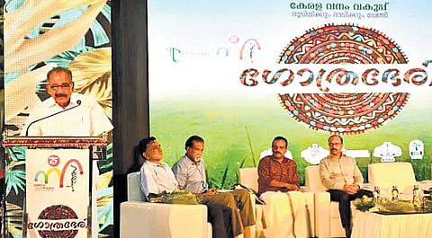 Forest Minister A K Saseendran speaks at the Gothrabheri state workshop held at the forest headquarters, Thiruvananthapuram, on Wednesday.