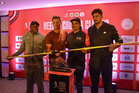 (From left) Javelin throwers Kenya's Julius Yego, Germany's Thomas Rohler and India's Neeraj Chopra and Sachin Yadav during a press conference 