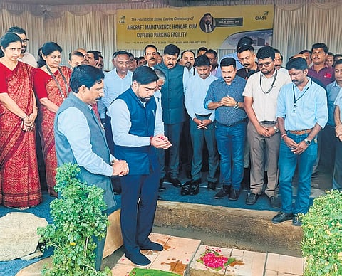 CIASL chairman S Suhas inaugurates the stone-laying ceremony for construction of the third Maintenance, Repair, and Overhaul hanger at Cochin International Airport. CIASL MD Santosh J Poovattil is also seen 