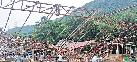 The collapsed shed near Tolipavancha at Simhachalam on Saturday 
