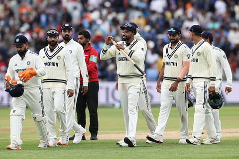 India players walk off the field after registering their maiden Test win at Edgbastion in Birmingham on Sunday 