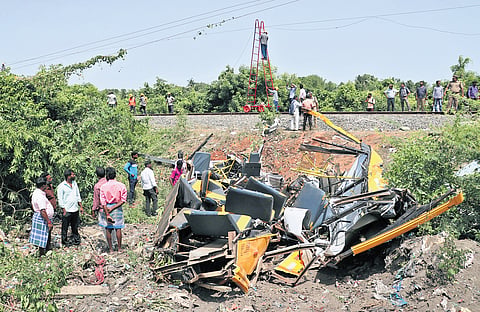 Three children were killed after a train rammed into their school van, as the vehicle attempted to pass through a manned level crossing at Semmankuppam in Cuddalore on Tuesday 
