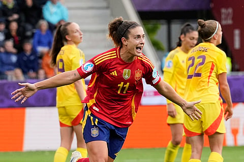 Spain's Alexia Putellas who was named player of the match celebrates after scoring her side's sixth goal during the Euro 2025, group B, soccer match between Spain and Belgium at Arena Thun in Thun, Switzerland, Monday, July 7, 2025. 
