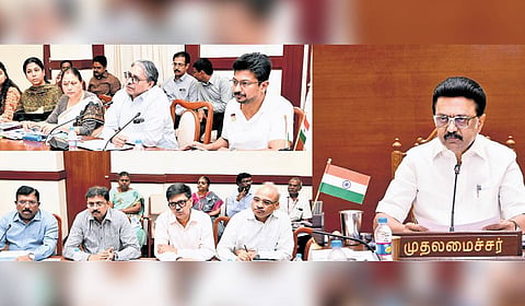 Chief Minister MK Stalin chairing a meeting in Chennai on Monday 