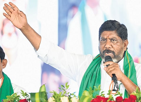 Deputy Chief Minister Mallu Bhatti Vikramarka gestures as he addresses the gathering after laying foundation for development works in Mahbubabad district on Tuesday