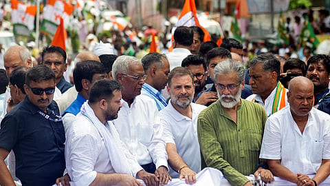 LoP in the Lok Sabha and Congress leader Rahul Gandhi with Bihar party President Rajesh Ram, RJD leader Tejashwi Yadav, CPI General Secretary D Raja.