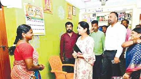 Manmeet Kaur, PMO director,  inspects 2BHKs in Khairatabad on Wednesday. GHMC Commissio-ner RV Karnan also seen