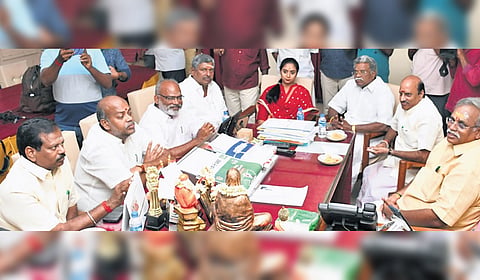 AINRC MLAs meeting Speaker R Selvam in Puducherry on Wednesday.