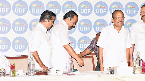 Leader of Opposition V D Satheesan and UDF convenor Adoor Prakash arrive for the UDF meeting in Kalamassery on Thursday. Congress leader Ramesh Chennithala, IUML leader P K Kunhalikutty and state Congress president Sunny Joseph are also seen 