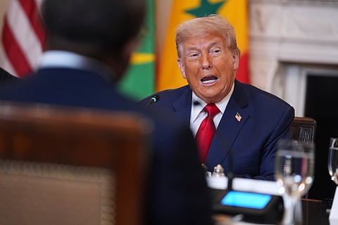 President Donald Trump speaks during a lunch with African leaders in the State Dining Room of the White House, Wednesday, July 9, 2025, in Washington. 