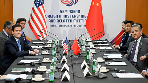 US Secretary of State Marco Rubio, front left, meets with China's Foreign Minister Wang Yi, right, during the 58th ASEAN Foreign Ministers' meeting and related meetings at the Convention Centre in Kuala Lumpur on July 11, 2025. 