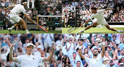 This composite of file photos features US player Taylor Fritz (top left), Spain's Carlos Alcaraz (top right), Italy's Jannik Sinner (bottom left), and Serbia's Novak Djokovic (bottom right).