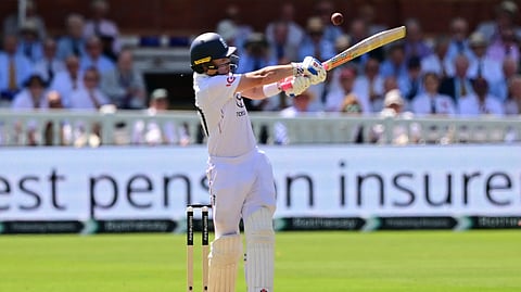 England's Ollie Pope swings at a short ball from India's Jasprit Bumrah on the opening day of the third cricket test match between England and India at Lord's cricket ground in London, on July 10, 2025. 