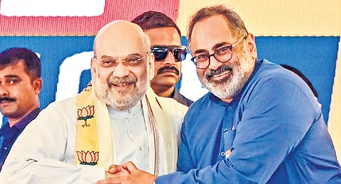  Union Home Minister Amit Shah with Kerala state BJP chief Rajeev Chandrasekhar at Putharikandam ground at the ‘Vikasitha Keralam’ (Developed Kerala) event in Thiruvananthapuram on July 12, Saturday