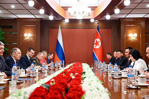 In this photo released by Russian Foreign Ministry Press Service, Russian Foreign Minister Sergey Lavrov, second left, and North Korean Foreign Minister Choe Son Hui, second right, attend the talks in Wonsan, North Korea, on Saturday, July 12, 2025. 