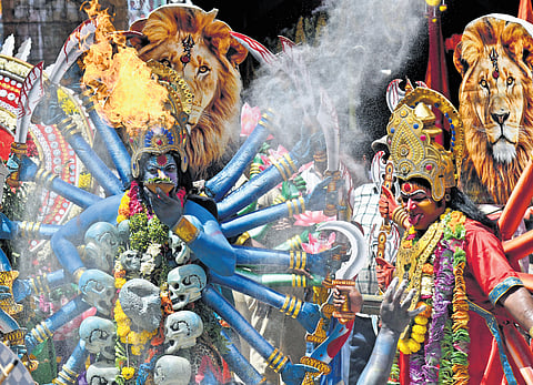 Artists performing during the Secunderabad  Ujjaini Mahankali Ambari Procession in Secunderabad on Monday 