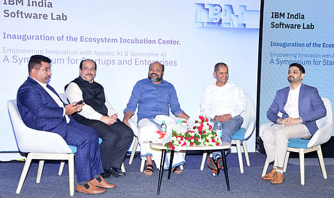 Minister for Industries, Law and Coir P Rajeeve along with Dinesh Nirmal Senior vice-president IBM Software and KSIDC MD Mir Mohammed Hanish after the launch of  IBM's  Ecosystem Incubation Centre (EIC) at Lulu Cyber Tower 2 at Infopark Phase I