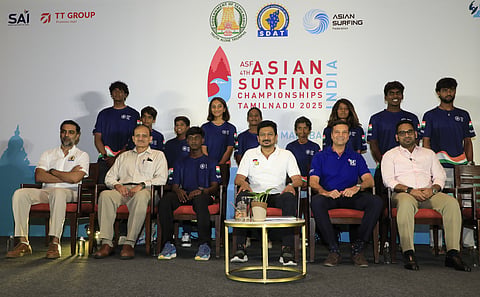 Deputy CM and state sports minister Udhayanidhi Stalin with Dignitaries and the Indian surfing team