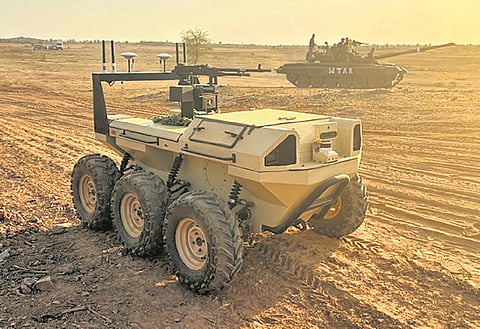 Autonomous DRAX ground vehicle fitted with a remote-controlled weapon system