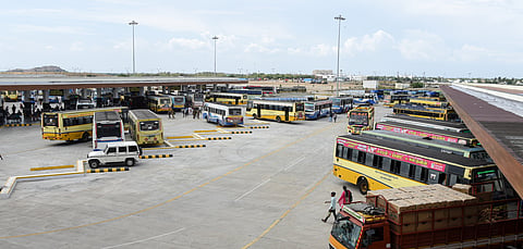 Passengers at the Muthamizh Arignar Dr Kalaignar Karunanidhi Integrated Bus Terminus at Panjappur 