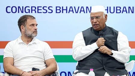 Congress Party president Mallikarjun Kharge and Leader of Opposition in Lok Sabha leader Rahul Gandhi. 