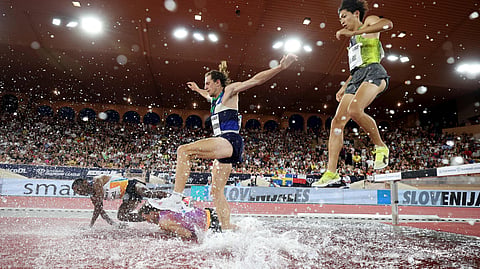 Avinash Sable (left) and France's Nicolas-Marie Daru fall during the Monaco DL last week 