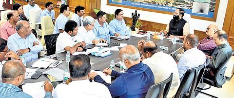 Irrigation Minister N Uttam Kumar Reddy addresses officials at a review meeting in Hyderabad on Saturday 