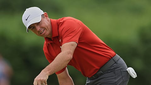 Rory McIlroy of Northern Ireland reacts on the 2nd green after putting during the third round of the British Open golf championship at the Royal Portrush Golf Club, Northern Ireland, Saturday, July 19, 2025. 