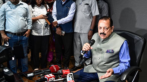 Union Minister of State in the PMO Jitendra Singh addresses the media in New Delhi.