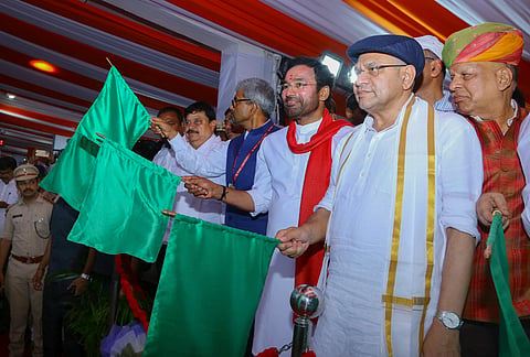 Union Railways Minister Ashwini Vaishnaw and Union Minister for Coal and Mines G Kishan Reddy with others flag off the inaugural run of the new daily train service from Kacheguda to Bhagat Ki Kothi (Jodhpur), in Hyderabad, Telangana, Saturday, July 19, 2025. 