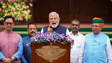 Prime Minister Narendra Modi addresses the media on the first day of the Monsoon session of Parliament, in New Delhi, Monday, July 21, 2025. Union Minister for Parliamentary Affairs Kiren Rijiju and Ministers of State Jitendra Singh, Arjun Ram Meghwal and L. Murugan are also seen.