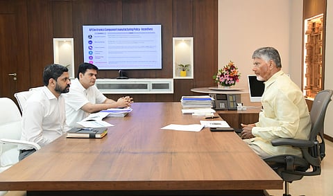 CM Nara Chandrababu Naidu during review meeting on Electronic Components Manufacturing Policy on Monday. 