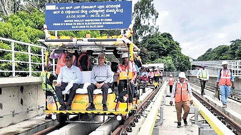 Senior officials undertake inspection of the Yellow Line of Namma Metro in Bengaluru on Tuesday 