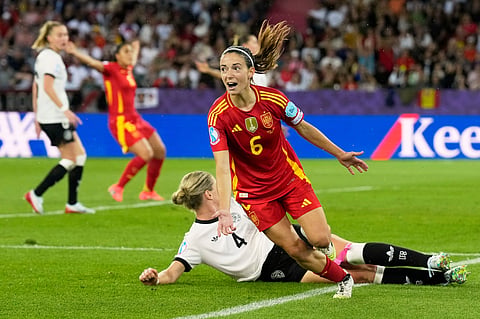 Spain's Aitana Bonmati celebrates after scoring the opening goal during the Women's Euro 2025 semifinals soccer match between Germany and Spain at Stadion Letzigrund in Zurich, Switzerland, Wednesday, July 23, 2025. 