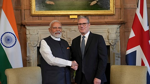 In this image released by PMO on July 24, 2025, Prime Minister Narendra Modi with his British counterpart Keir Starmer during a meeting at Chequers Estate, in UK. 