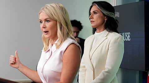 White House press secretary Karoline Leavitt and Director of National Intelligence Tulsi Gabbard, speak with reporters in the James Brady Press Briefing Room at the White House, Wednesday, July 23, 2025, in Washington. 