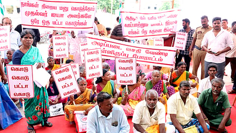 Over 50 residents from the Moolakkollai locality under Ward 24 staged a sit-in protest at the entrance of the venue, demanding pattas and basic amenities. 