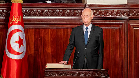 In this photo provided by the Tunisian Presidency, Tunisia's President Kais Saied takes oath Monday, Oct. 21, 2024, in Tunis following his re-election.