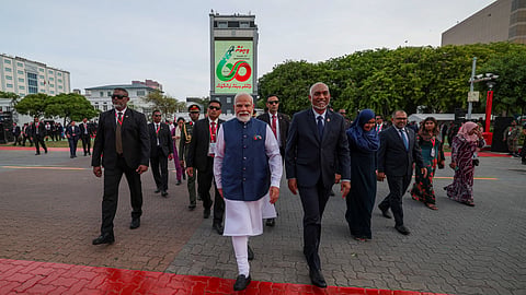 Prime Minister Narendra Modi  with Maldives President Mohamed Muizzu and his Cabinet.