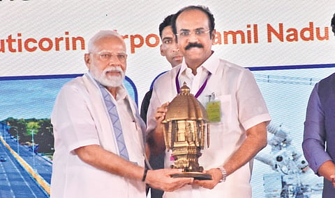 TN Minister Thangam Thennarasu presented a replica of Chennai’s Valluvar Kottam to Prime Minister Modi in Thoothukudi on Saturday 