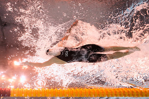 Katie Ledecky of the United States competes in the women's 400-meter freestyle heat at the World Aquatics Championships in Singapore, Sunday, July 27, 2025. 