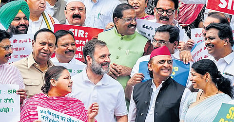 INDIA bloc leaders during a protest against the Special Intensive Revision (SIR) of electoral rols in Bihar. 
