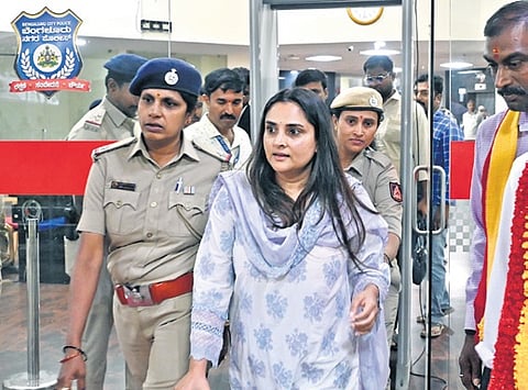 Actress Ramya arrives at the city police commissioner’s office to submit her petition on Monday 
