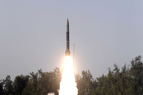 Photo caption - Pralay missile being test-fired from ITR off Odisha coast.
